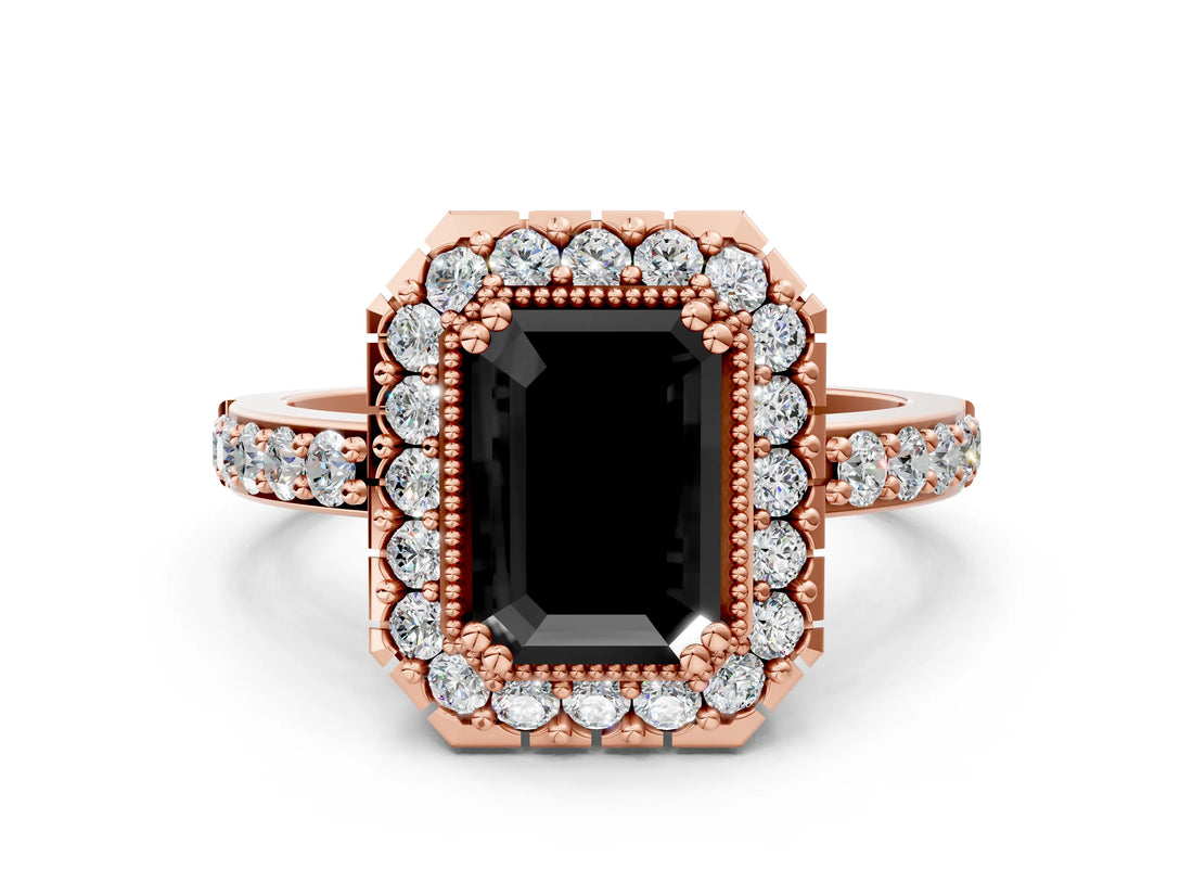 Rose gold Fancy Black Emerald Cut Diamond Halo Ring with Pavé Band and Prong Setting