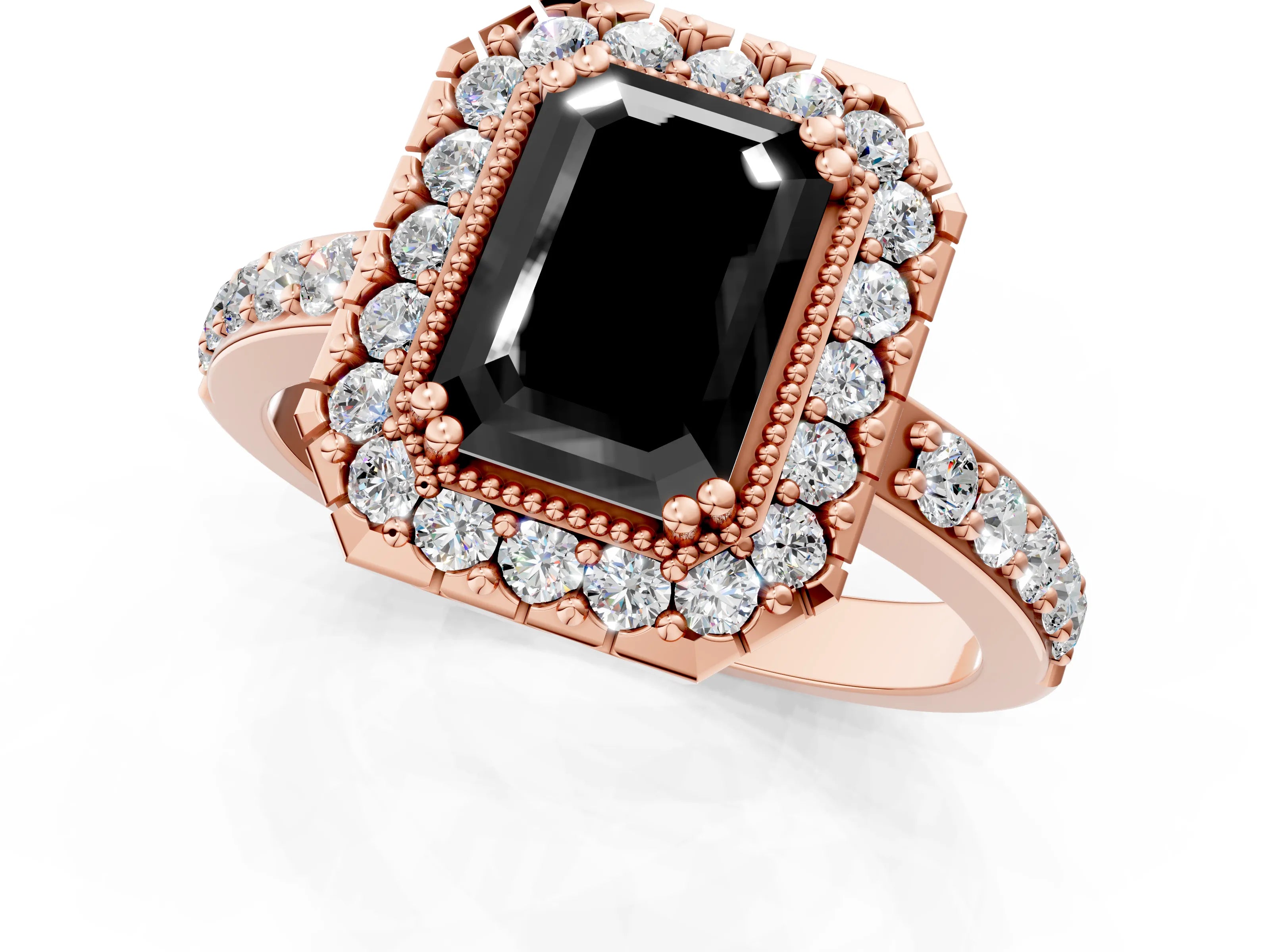 Rose gold Fancy Black Emerald Cut Diamond Halo Ring with Pavé Band and Prong Setting_1
