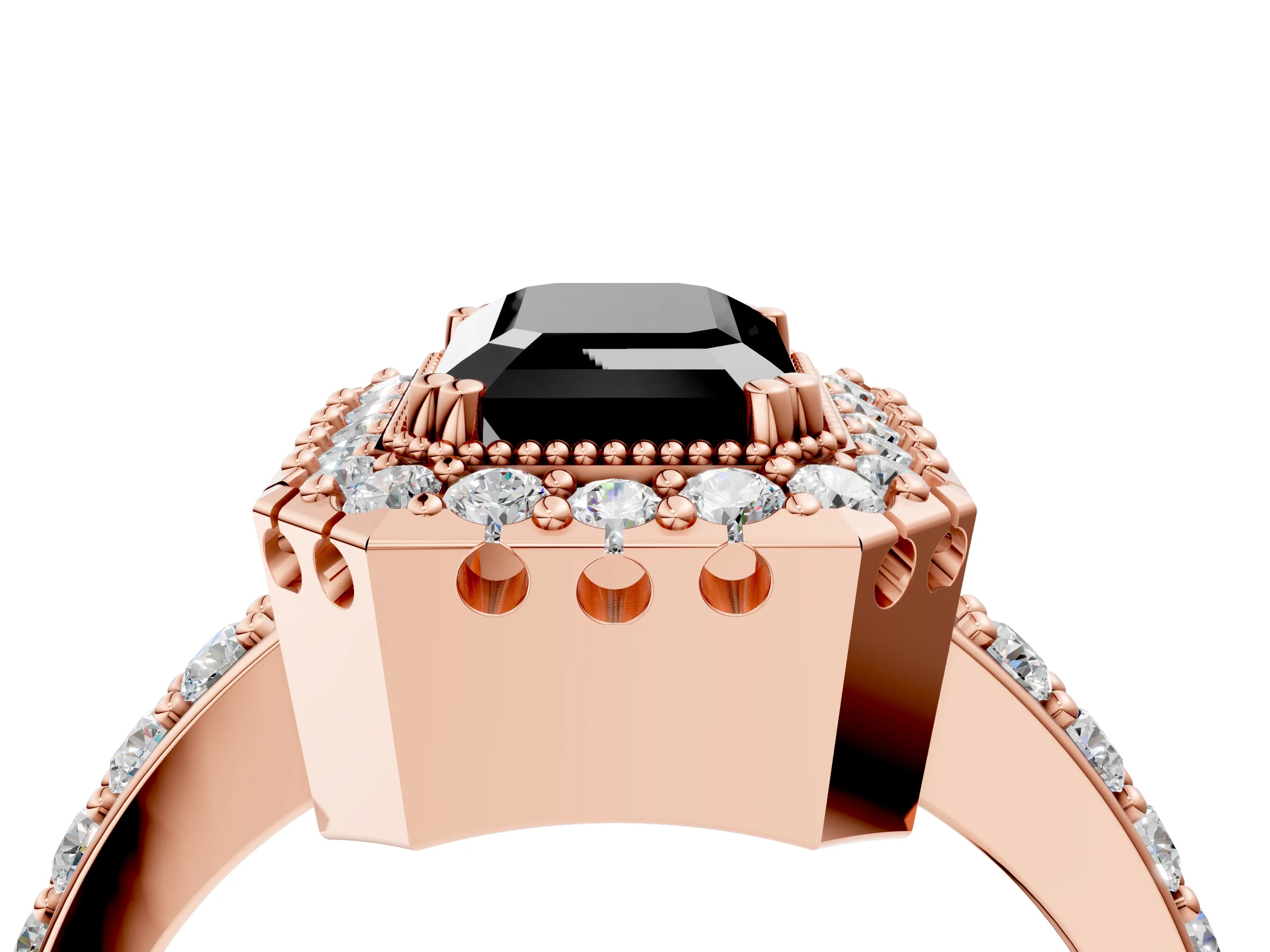 Rose gold Fancy Black Emerald Cut Diamond Halo Ring with Pavé Band and Prong Setting_4