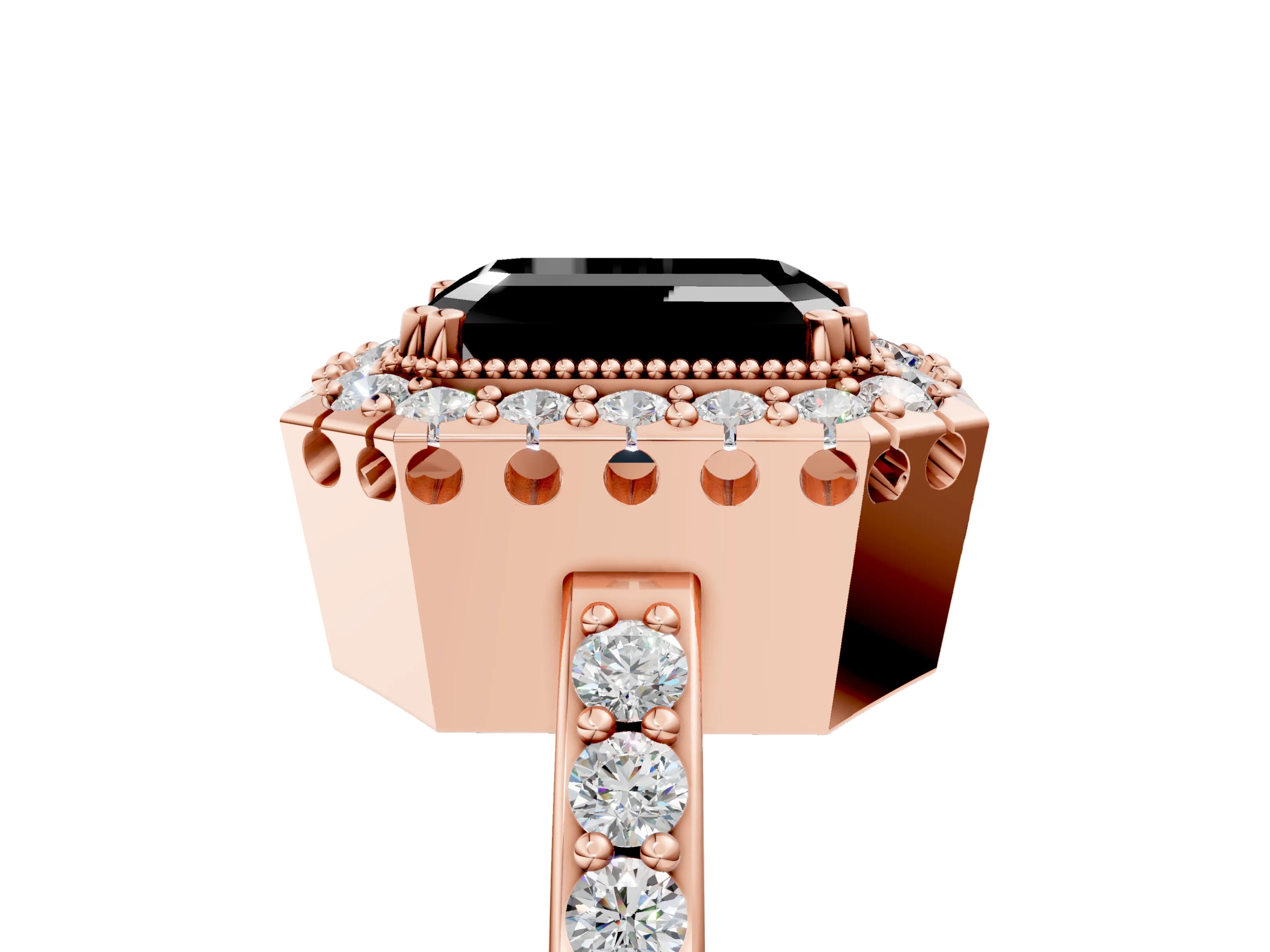 Rose gold Fancy Black Emerald Cut Diamond Halo Ring with Pavé Band and Prong Setting_5
