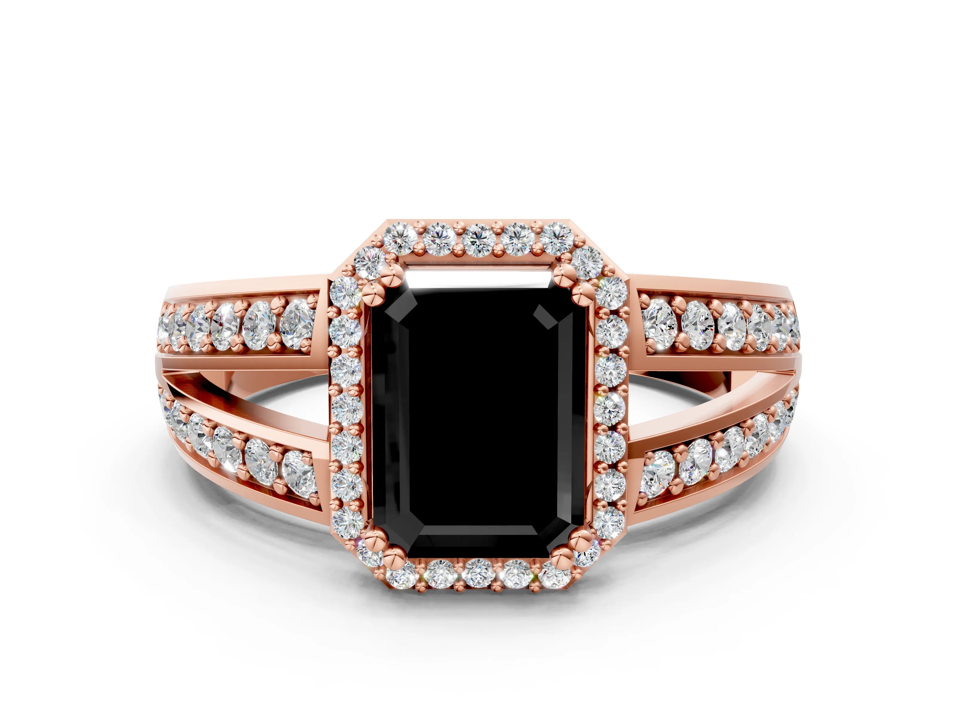 Rose gold Fancy Black Emerald Cut Diamond Halo Ring with Split Shank Pavé Band and Four-Prong Setting