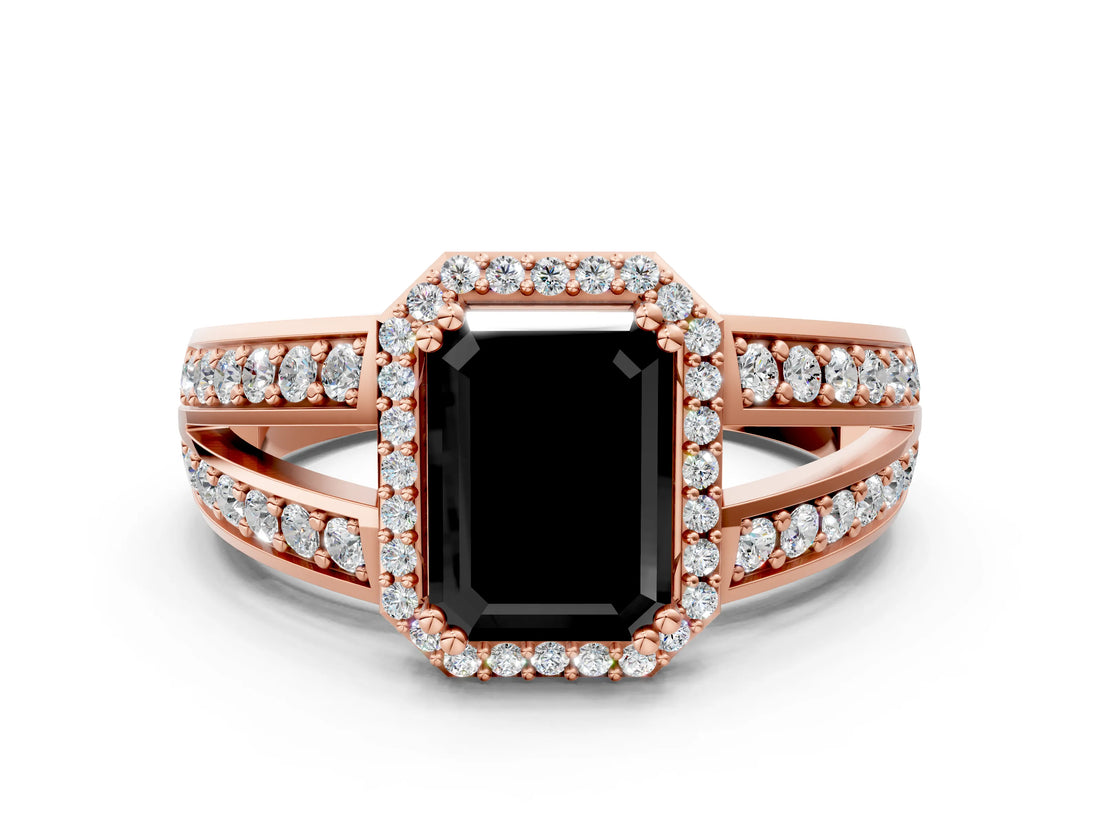 Rose gold Fancy Black Emerald Cut Diamond Halo Ring with Split Shank Pavé Band and Four-Prong Setting