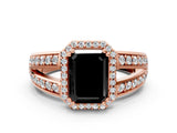 Rose gold Fancy Black Emerald Cut Diamond Halo Ring with Split Shank Pavé Band and Four-Prong Setting