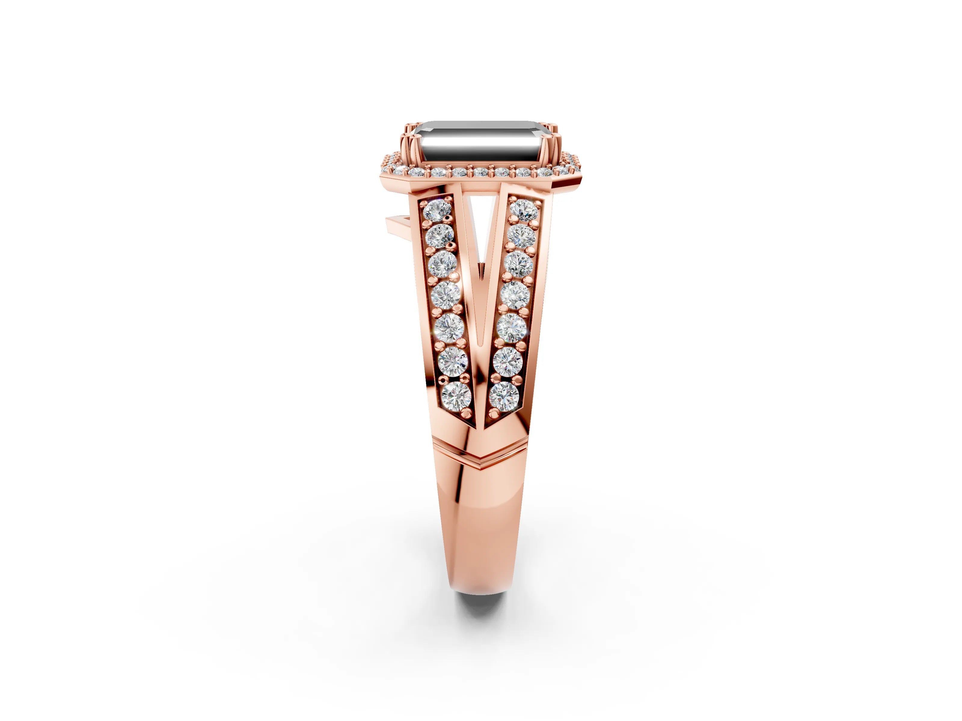 Rose gold Fancy Black Emerald Cut Diamond Halo Ring with Split Shank Pavé Band and Four-Prong Setting_2