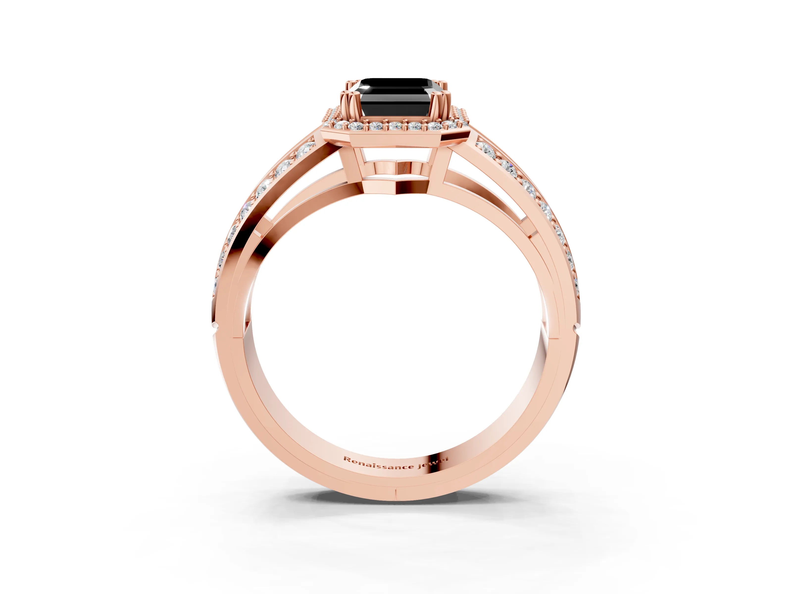 Rose gold Fancy Black Emerald Cut Diamond Halo Ring with Split Shank Pavé Band and Four-Prong Setting_3