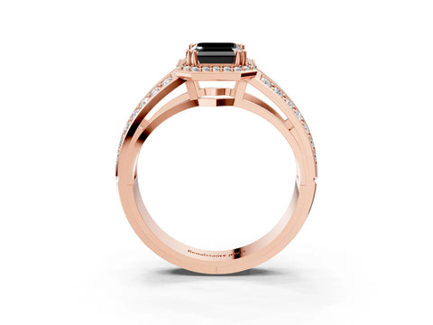 Rose gold Fancy Black Emerald Cut Diamond Halo Ring with Split Shank Pavé Band and Four-Prong Setting_3