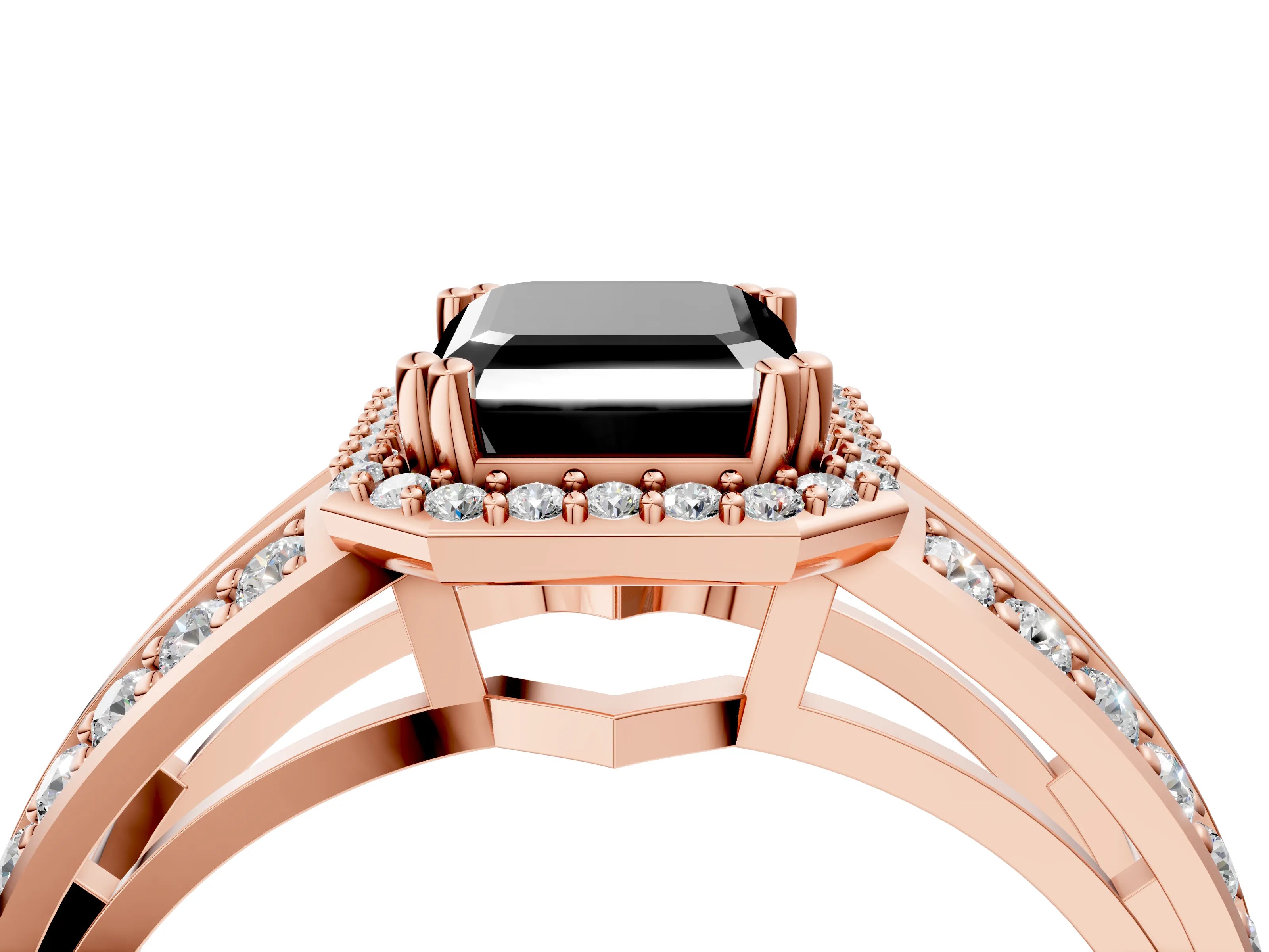 Rose gold Fancy Black Emerald Cut Diamond Halo Ring with Split Shank Pavé Band and Four-Prong Setting_4