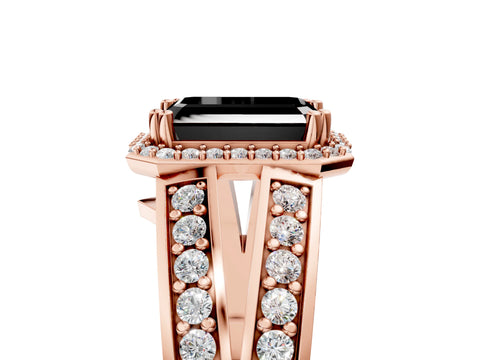 Rose gold Fancy Black Emerald Cut Diamond Halo Ring with Split Shank Pavé Band and Four-Prong Setting_5
