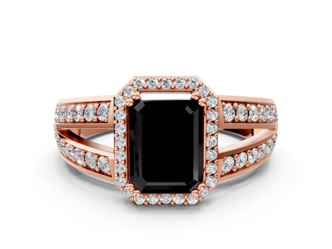 Rose gold Fancy Black Emerald Cut Diamond Halo Ring with Split Shank Pavé Band and Four-Prong Setting