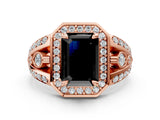 Rose gold Fancy Black Emerald Cut Diamond Halo Ring with Split Shank and Bezel Accents and Four-Prong Setting