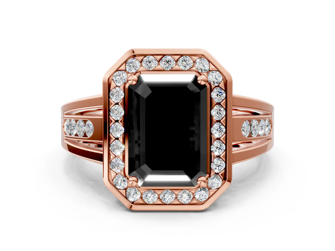 Rose gold Fancy Black Emerald Cut Diamond Halo Ring with Split Shank and Bezel Accents and Prong Setting