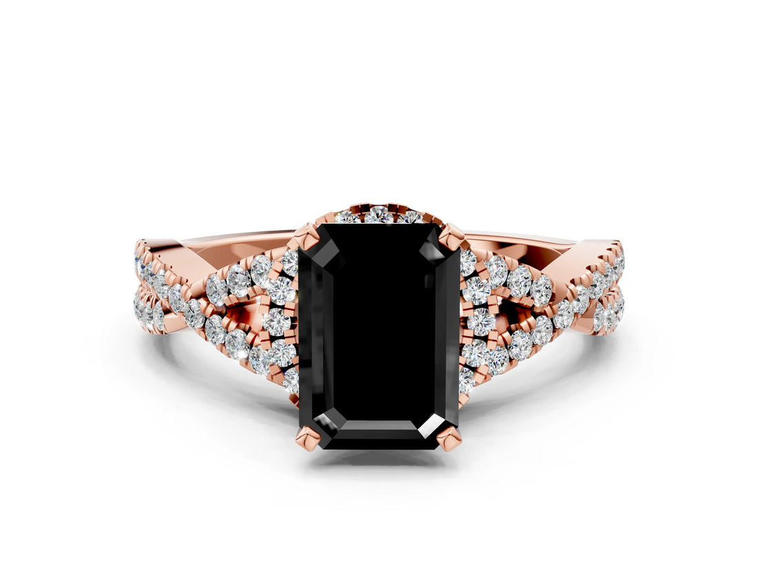 Rose gold Fancy Black Emerald Cut Diamond Halo Twist Band Solitaire Prong Setting Ring