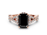 Rose gold Fancy Black Emerald Cut Diamond Halo Twist Band Solitaire Prong Setting Ring