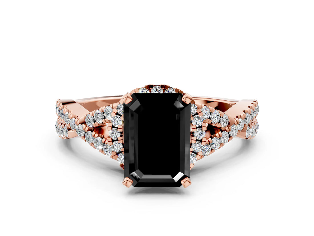 Rose gold Fancy Black Emerald Cut Diamond  Halo Twist Band Solitaire Prong Setting Ring_42