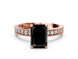 Rose gold Fancy Black Emerald Cut Diamond Milgrain Pavé Engagement Ring with Four-Prong Setting