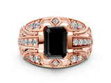Rose gold Fancy Black Emerald Cut Diamond Pave Art Deco Split Shank Ring with Four-Prong Setting