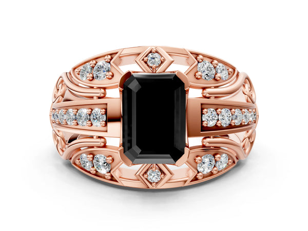 Rose gold Fancy Black Emerald Cut Diamond Pave Art Deco Split Shank Ring with Four-Prong Setting