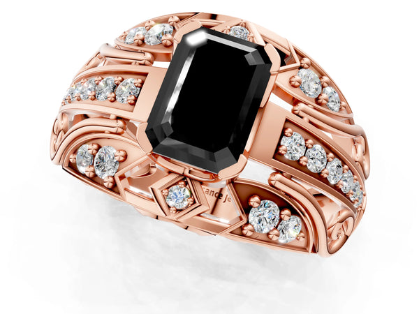 Rose gold Fancy Black Emerald Cut Diamond Pave Art Deco Split Shank Ring with Four-Prong Setting