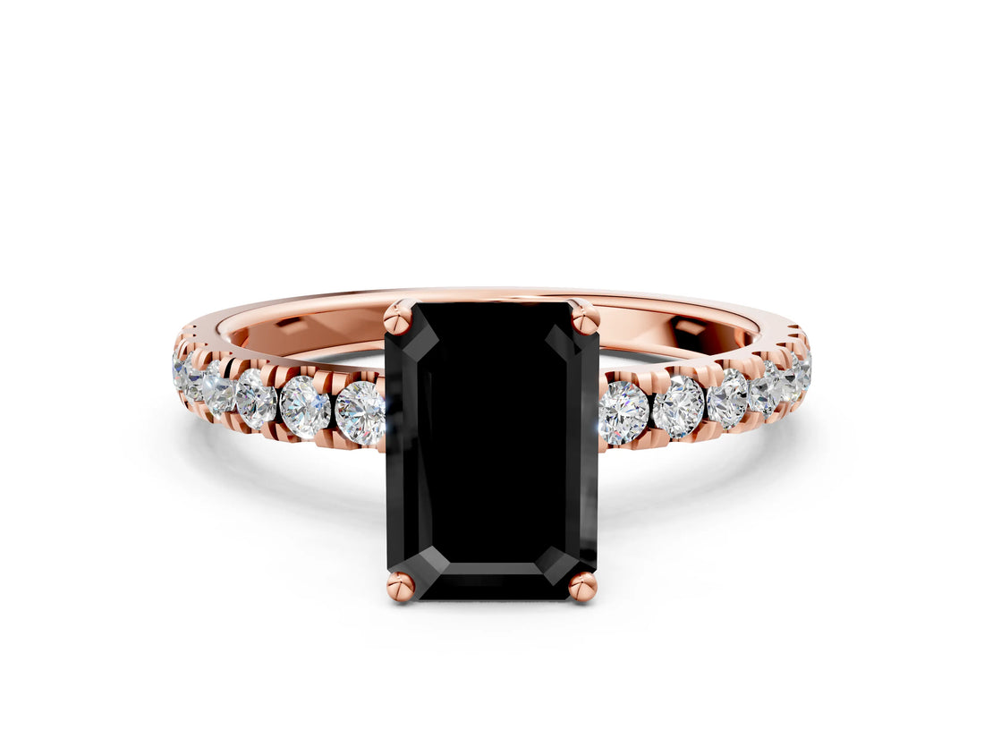Rose gold Fancy Black Emerald Cut Diamond Pave Band Solitaire Ring with Four-Prong Setting_12
