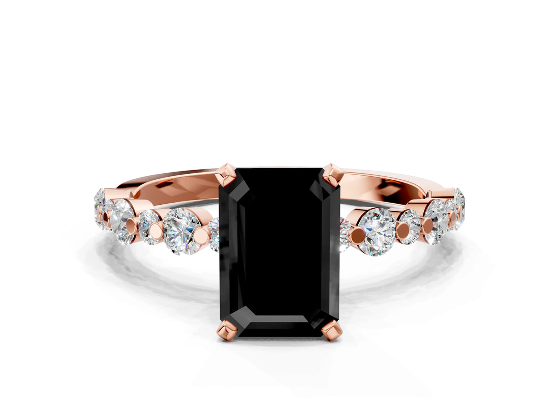 Rose gold Fancy Black Emerald Cut Diamond Prong Set Engagement Ring with Pave Band