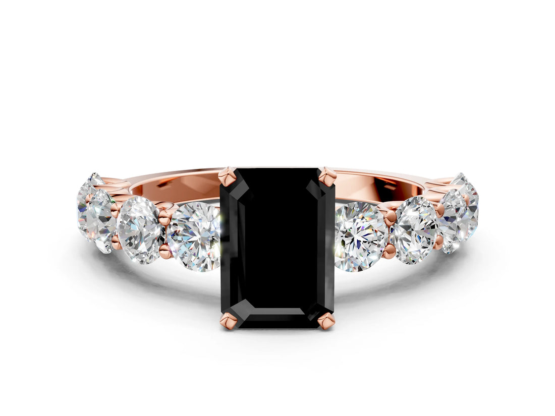 Rose gold Fancy Black Emerald Cut Diamond Prong Setting with Side Stones on a Pave Band