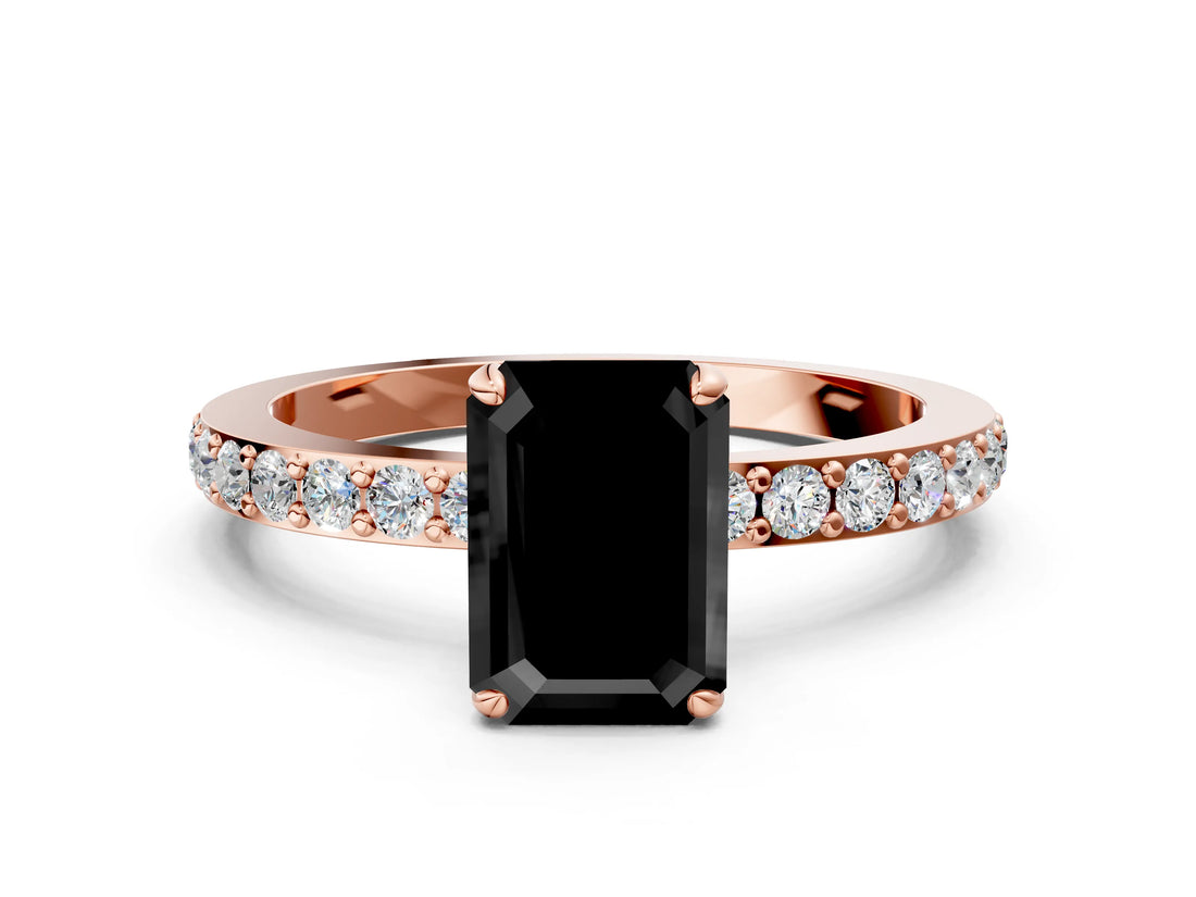 Rose gold Fancy Black Emerald Cut Diamond Ring with Pavé Band and Four-Prong Setting