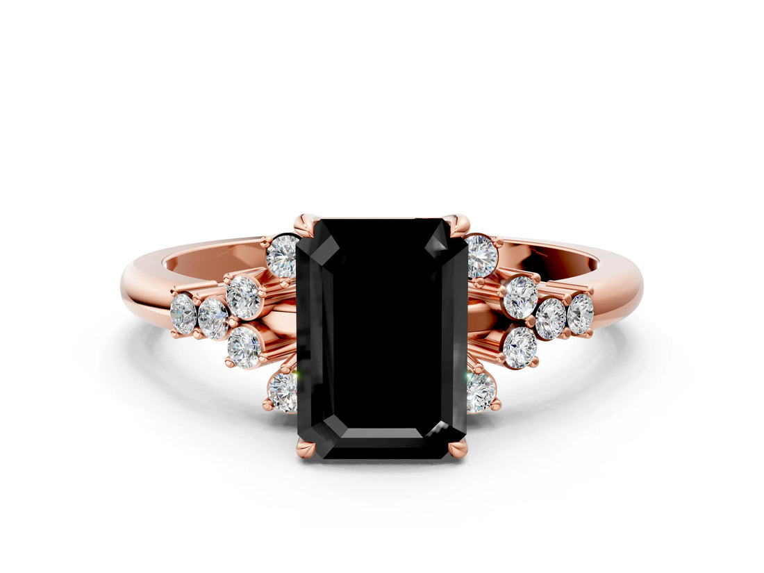 Rose gold Fancy Black Emerald Cut Diamond Ring with Side Stones and Four-Prong Setting_36