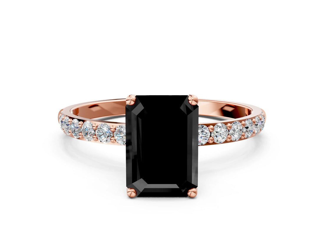 Rose gold Fancy Black Emerald Cut Diamond Solitaire Engagement Ring with Pavé Band and Prong Setting