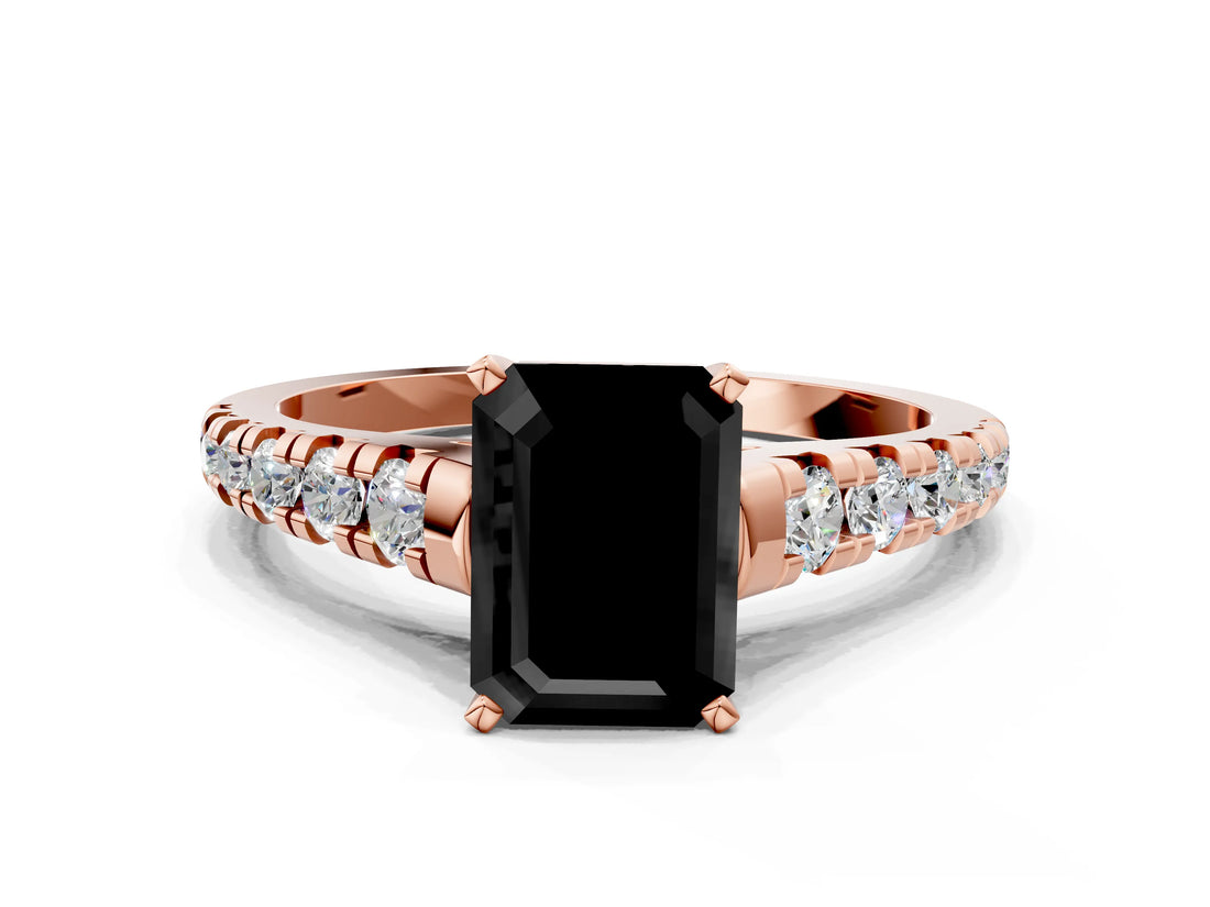 Rose gold Fancy Black Emerald Cut Diamond Solitaire Ring with Cathedral Setting and Pavé Band