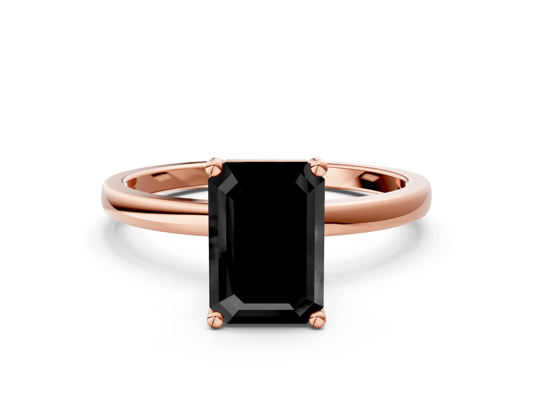 Rose gold Fancy Black Emerald Cut Diamond Solitaire Ring with Classic Band and Four-Prong Setting