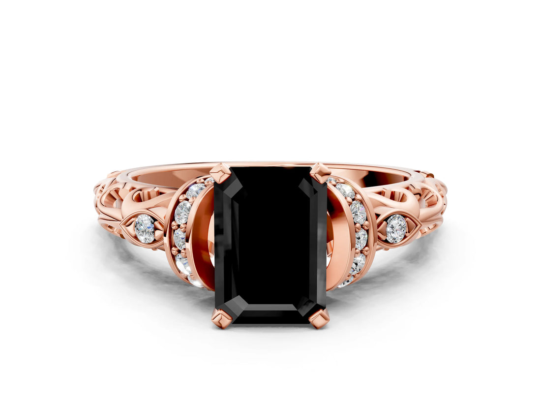 Rose gold Fancy Black Emerald Cut Diamond Solitaire Ring with Filigree Band and Four-Prong Setting
