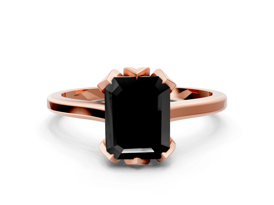Rose gold Fancy Black Emerald Cut Diamond Solitaire Ring with Flower Prong Setting and Classic Band_24