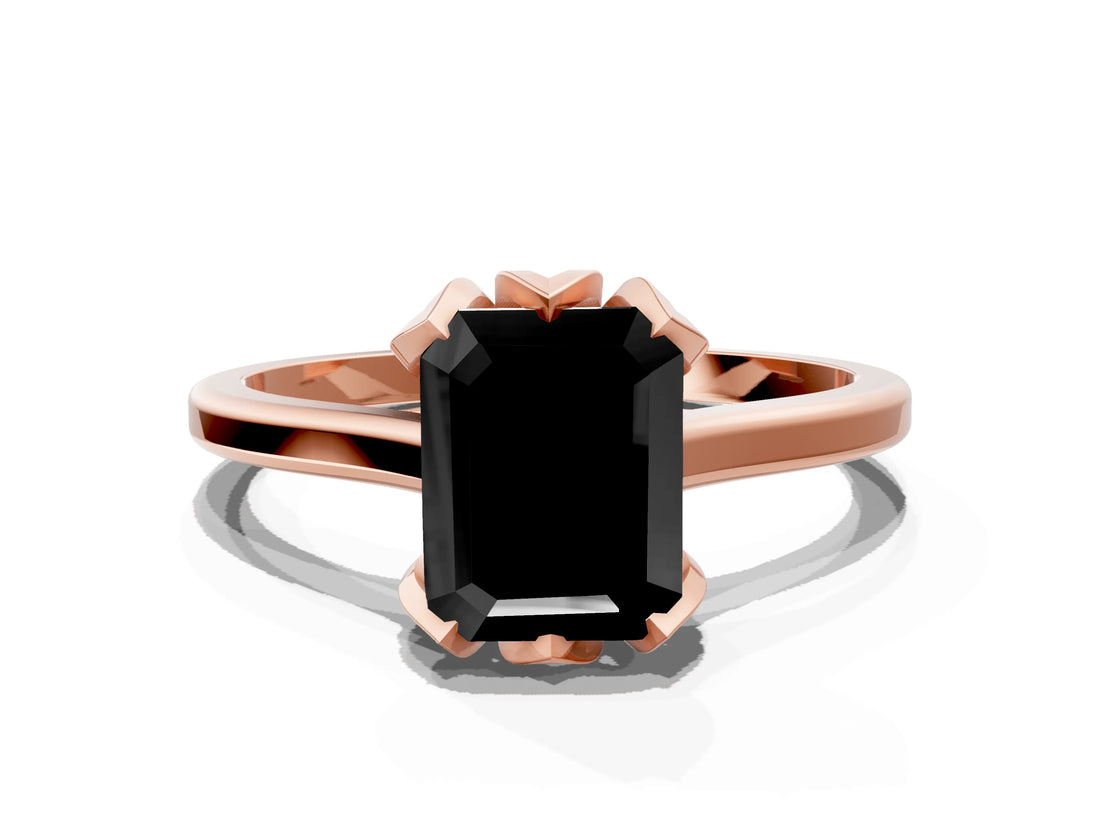 Rose gold Fancy Black Emerald Cut Diamond Solitaire Ring with Flower Prong Setting and Classic Band_36
