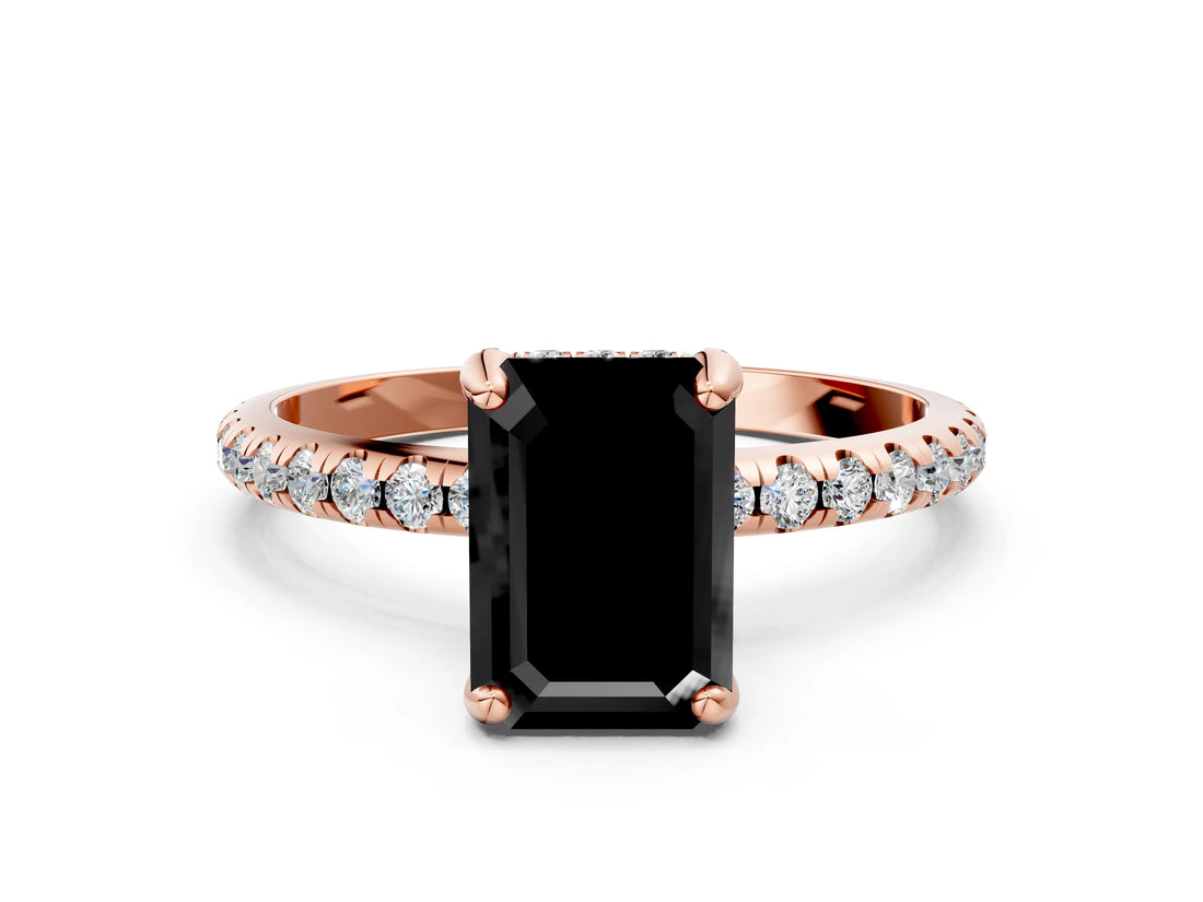 Rose gold Fancy Black Emerald Cut Diamond Solitaire Ring with Four-Prong Setting and Pavé Band_3