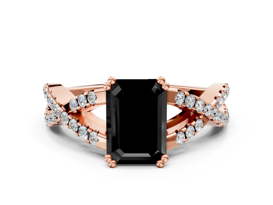 Rose gold Fancy Black Emerald Cut Diamond Solitaire Ring with Four-Prong Setting and Twisted Pavé Band
