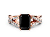 Rose gold Fancy Black Emerald Cut Diamond Solitaire Ring with Four-Prong Setting and Twisted Pavé Band