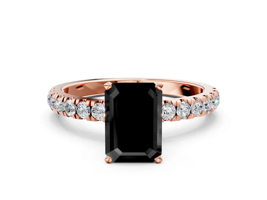 Rose gold Fancy Black Emerald Cut Diamond Solitaire Ring with Pavé Accents and Four-Prong Setting