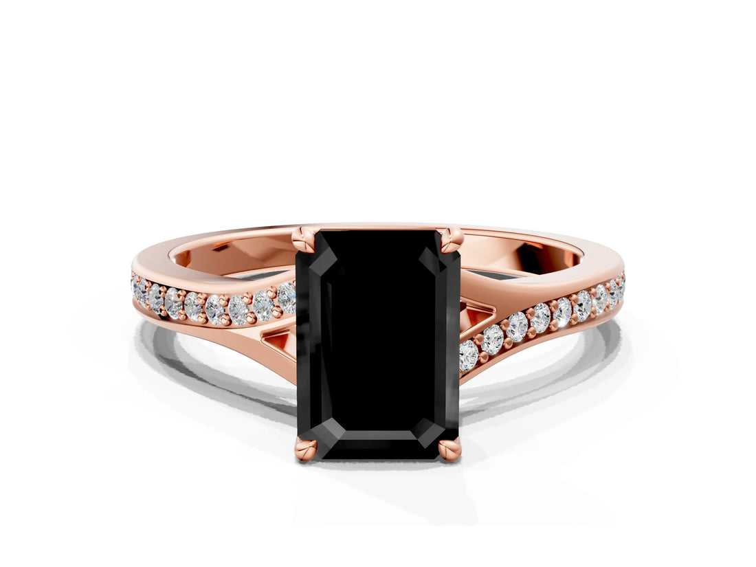 Rose gold Fancy Black Emerald Cut Diamond Solitaire Ring with Pavé Band and Prong Setting_12