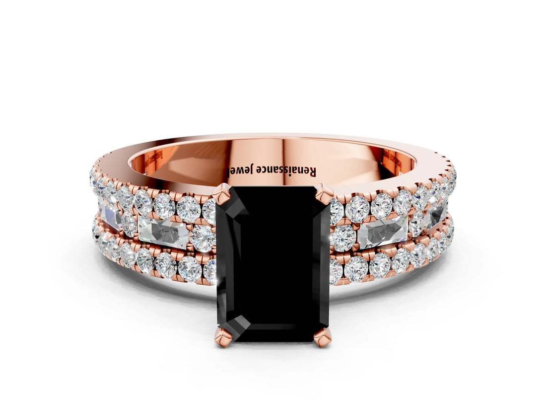 Rose gold Fancy Black Emerald Cut Diamond Solitaire Ring with Pavé and Channel Set Band