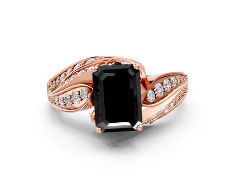 Rose gold Fancy Black Emerald Cut Diamond Solitaire Ring with Prong Setting and Twisted Pavé Band
