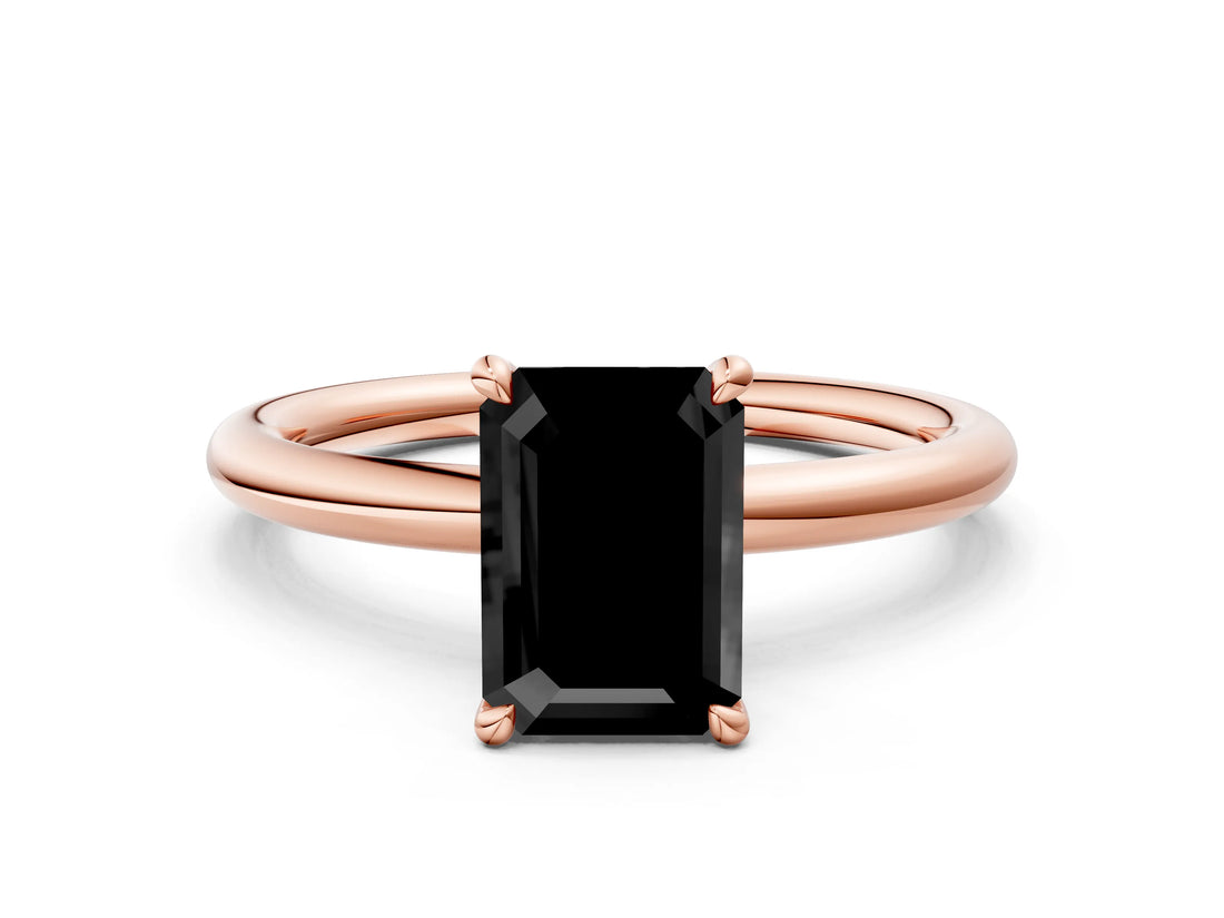 Rose gold Fancy Black Emerald Cut Diamond Solitaire Ring with Thin Band and Four-Prong Setting