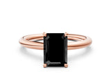 Rose gold Fancy Black Emerald Cut Diamond Solitaire Ring with Thin Band and Four-Prong Setting