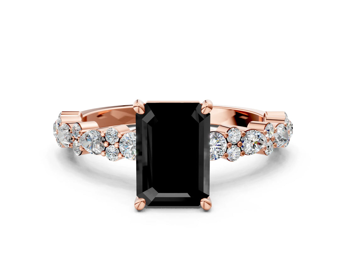 Rose gold Fancy Black Emerald Cut Diamond Solitaire with Side Stones, Pave Band, Four-Prong Setting_12