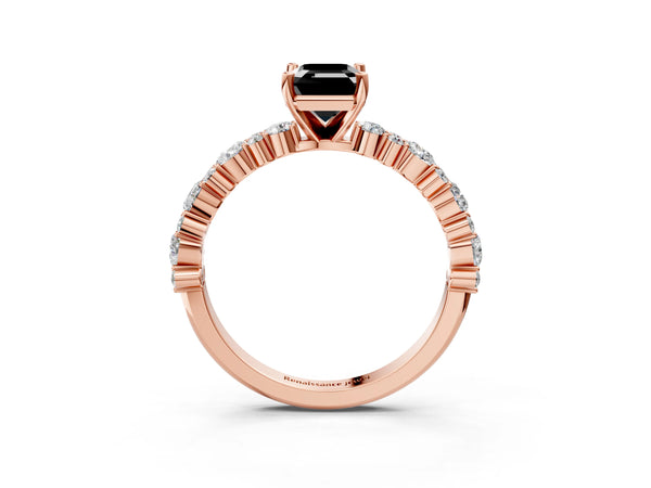 Rose Gold Emerald Cut Pear Side Stone Engagement Ring Setting for Black Center