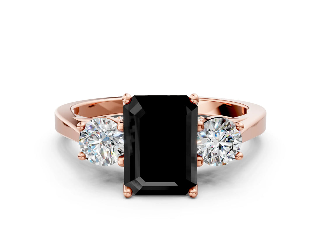 Rose gold Fancy Black Emerald Cut Diamond Three-Stone Engagement Ring with Prong Setting and Pavé Band
