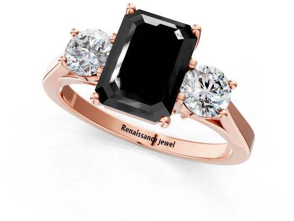 Rose gold Fancy Black Emerald Cut Diamond Three-Stone Engagement Ring with Prong Setting and Pavé Band
