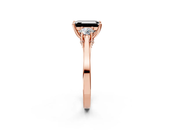 Rose gold Fancy Black Emerald Cut Diamond Three-Stone Engagement Ring with Prong Setting and Pavé Band