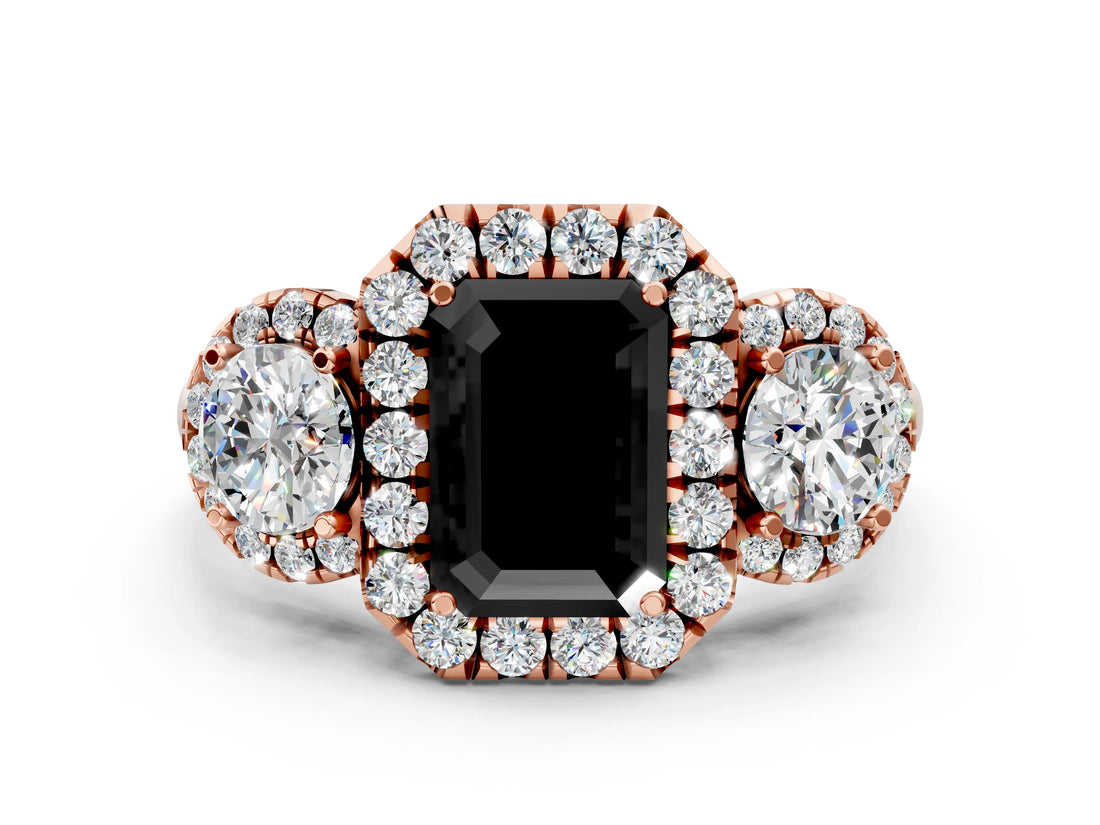 Rose gold Fancy Black Emerald Cut Diamond Three-Stone Halo Ring with Prong Setting and Pavé Accents