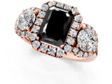 Rose gold Fancy Black Emerald Cut Diamond Three-Stone Halo Ring with Prong Setting and Pavé Accents_1