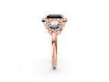 Rose gold Fancy Black Emerald Cut Diamond Three-Stone Halo Ring with Prong Setting and Pavé Accents_2